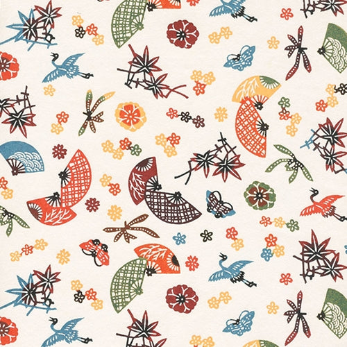 Katazome-shi Paper- Multicolor Fans, Cranes, Sakura, & Leaves 18x24" Sheet Katazome-shi Paper- Multicolor Fans, Cranes, Sakura, & Leaves 18x24" Sheet
