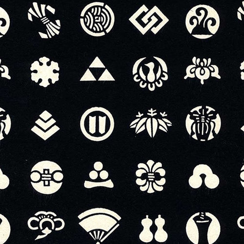 Katazome-shi Paper- Japanese Iconography on Black 18x24" Sheet Katazome-shi Paper- Japanese Iconography on Black 18x24" Sheet