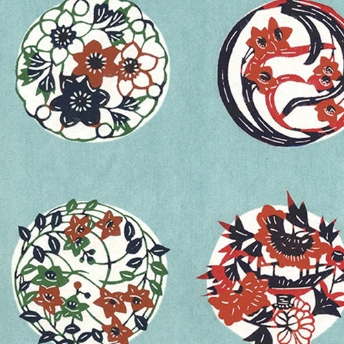 Katazome-shi Paper- Multicolor Floral Medallions on Blue 18x24" Sheet Katazome-shi Paper- Multicolor Floral Medallions on Blue 18x24" Sheet