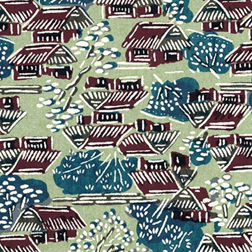 Katazome-shi Paper- Brown Village with Blue Trees 18x24" sheet  Katazome-shi Paper- Brown Village with Blue Trees 18x24" Sheet 