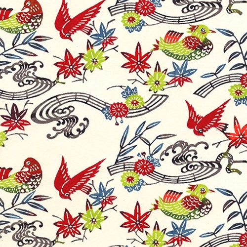 Katazome-shi Paper- Birds in the Garden- Green, Burgundy, & Indigo 18x24" sheet Katazome-shi Paper- Birds in the Garden- Green, Burgundy, & Indigo 18x24" sheet
