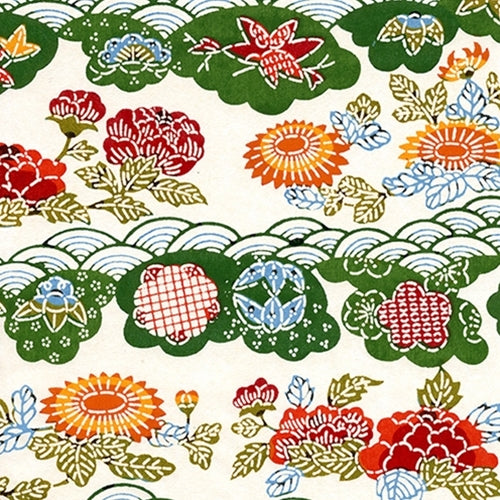 Katazome-shi Paper- Orange Sunflower & Green Wave 18x24" sheet Katazome-shi Paper- Orange Sunflower & Green Wave 18x24" sheet