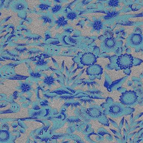 Cobalt Blue Flowers &amp; Birds on Metallic Silver - 18"x24" Sheet Cobalt Blue Flowers &amp; Birds on Metallic Silver - 18"x24" Sheet