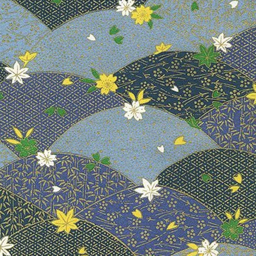 Metallic Gold Bamboo, Leaves, and Flowers on Blue - 21.5"x31.5" Sheet Metallic Gold Bamboo, Leaves, and Flowers on Blue - 21.5"x31.5" Sheet