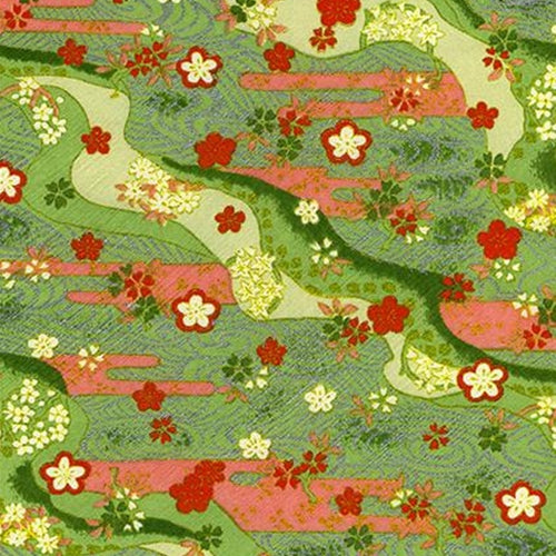 Kirara Green and Pink Waves with Red Flowers &amp; Gold/Silver Accents - 19"x26" Sheet Kirara Green and Pink Waves with Red Flowers &amp; Gold/Silver Accents - 19"x26" Sheet