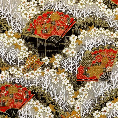White Flowers on Gold and Black with Red Fans - 21.5"x31.5" Sheet White Flowers on Gold and Black with Red Fans - 21.5"x31.5" Sheet