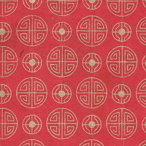 Nepalese Symbol Printed Lokta Paper Gold on Red 22"x30" Sheet