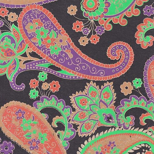 Printed Cotton Paper from India- Paisley Purple/Green/Orange on Black 22x30 Inch Sheet printed cotton paper from india- purple/green/orange paisley on black 22x30 inch sheet 