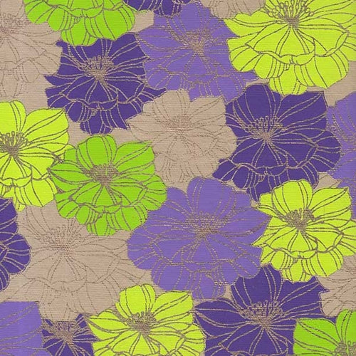 Printed Cotton Paper from India- Retro Flowers in Purple/Green/Yellow on Tan Paper 22x30 Inch Sheet printed cotton paper from india- retro flowers in purple/green/yellow on tan paper 22x30 inch sheet 